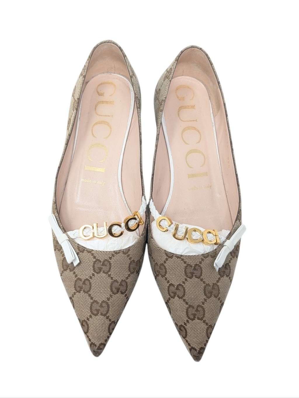 Gucci Monogram Gold "Gucci" White Bow Pointed Ballerina Ballet Flats Size Eu 39